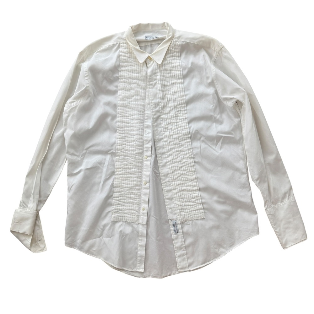 80s Christian Dior Chemises Tuxedo Shirt Pleated Bib White Dress shirt Button up
